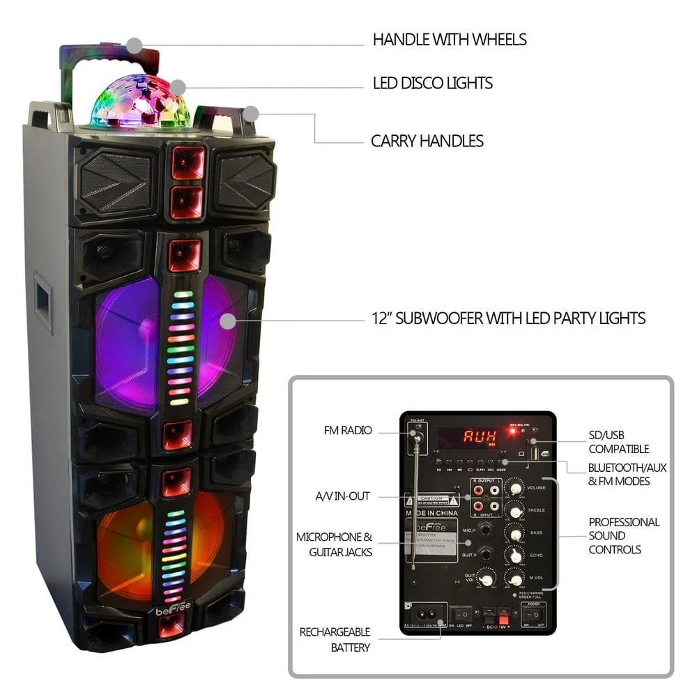 Dual 12 in. Subwoofer Portable Bluetooth Party Speaker with Wireless Microphone by BEFREE SOUND 4 Dual 12 in. Subwoofer Portable Bluetooth Party Speaker with Wireless Microphone by BEFREE SOUND - Image 2