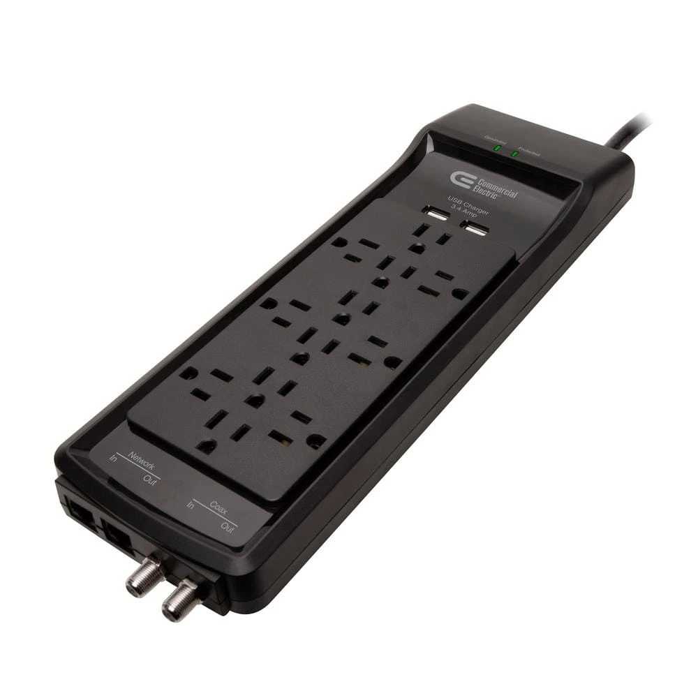 6 ft. 12-Outlet Surge Protector with Coax and USB RJ45, Black by Commercial Electric 4 6 ft. 12-Outlet Surge Protector with Coax and USB RJ45, Black by Commercial Electric - Image 2