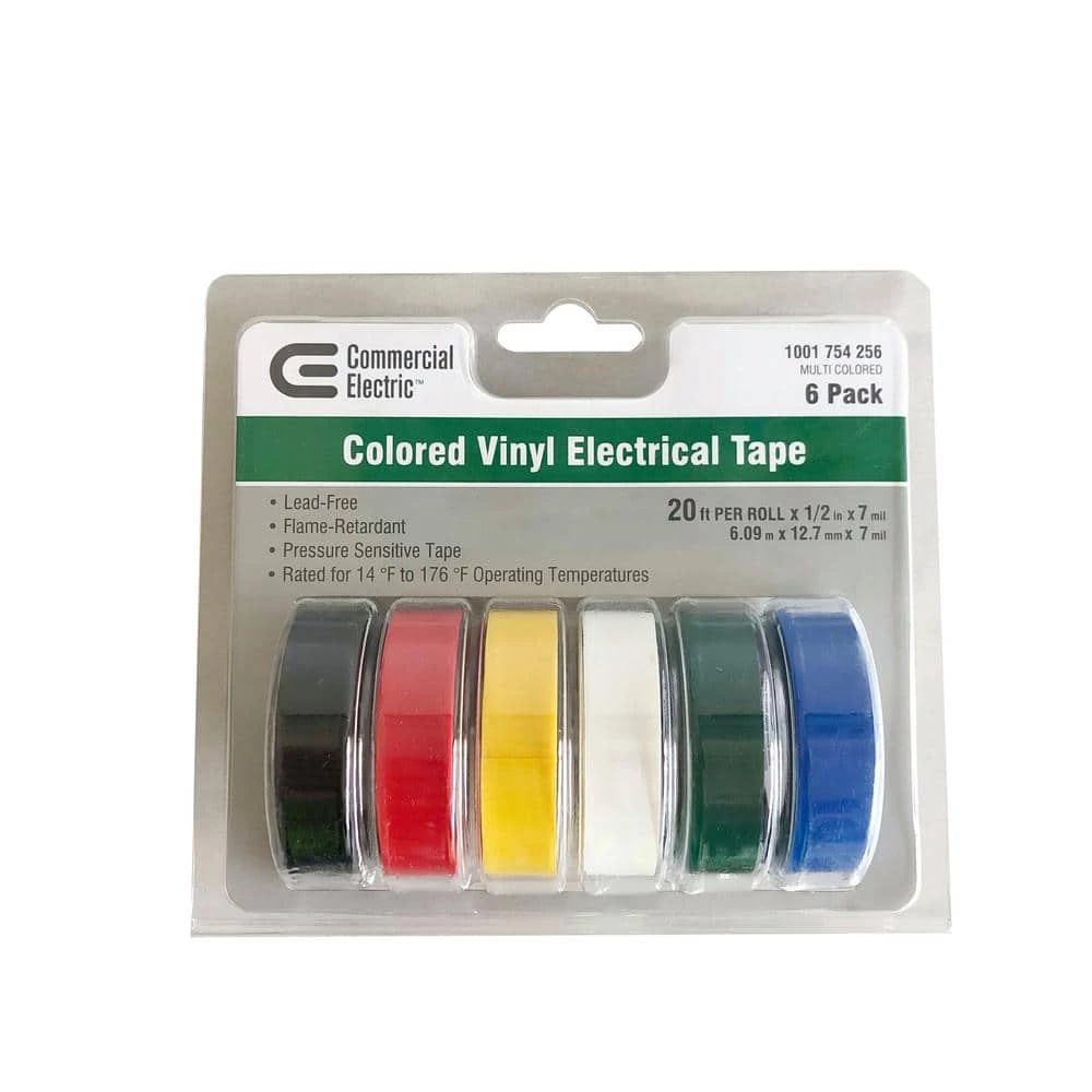 1/2 in. x 20 ft. Electric Tape, Multi-Color (6-Pack) by Commercial Electric 3 1/2 in. x 20 ft. Electric Tape, Multi-Color (6-Pack) by Commercial Electric